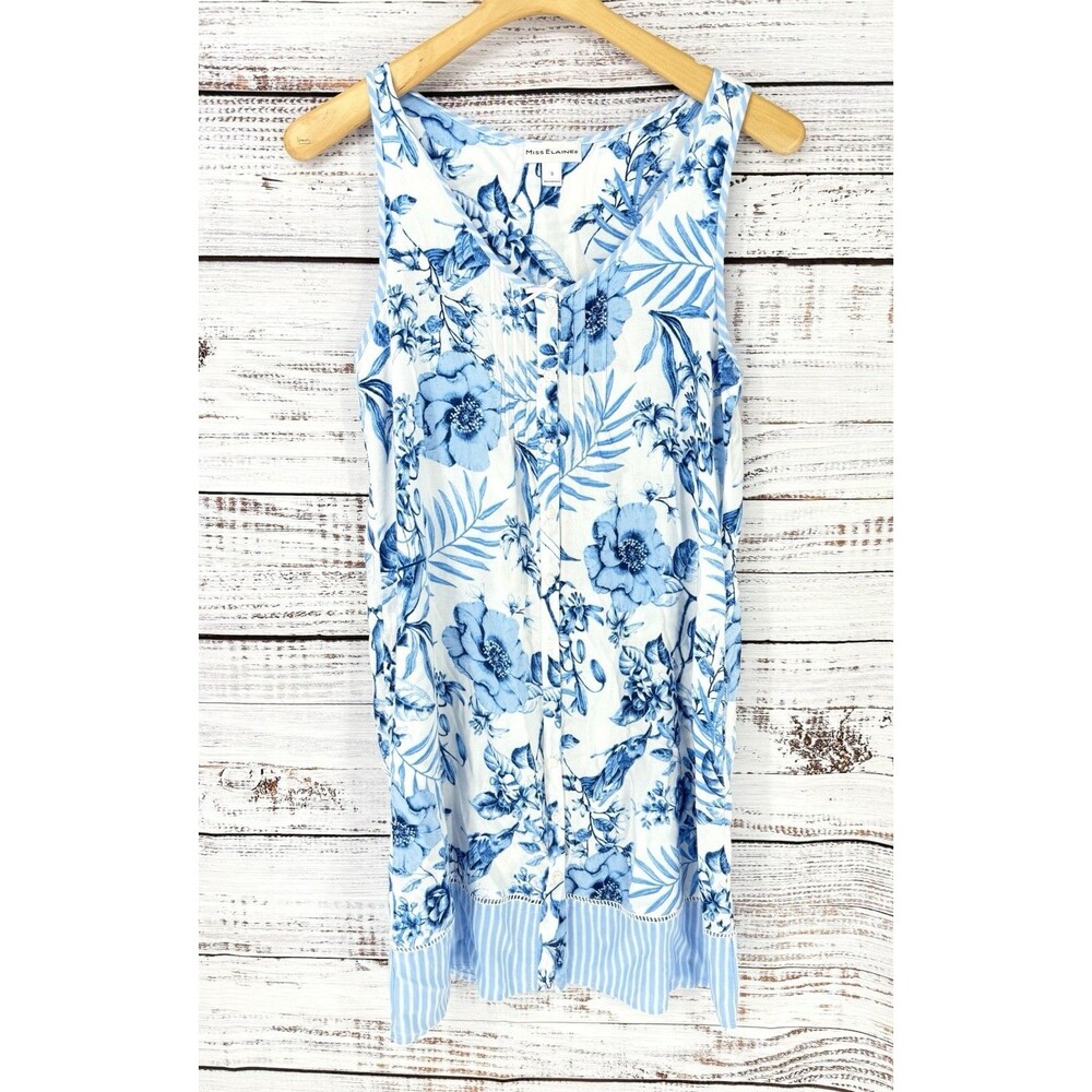 NEW  Miss Elaine‎ White/Blue Floral BUTTON-FRONT Rayon Lace Nightgown S Cottage